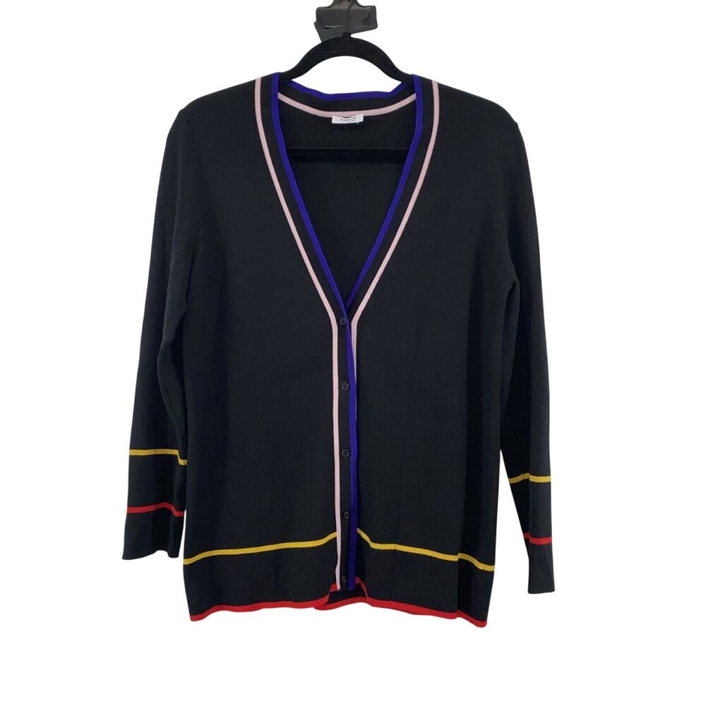 Akris Punto Size 12 Virgin Wool Vneck Cardigan Black Colorful Stripes